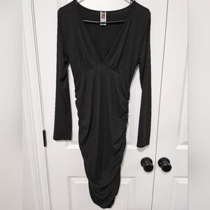 Women's Sexy Ribbed Long Sleeve Deep V-Neck Ruched Bodycon Black Dress, Large